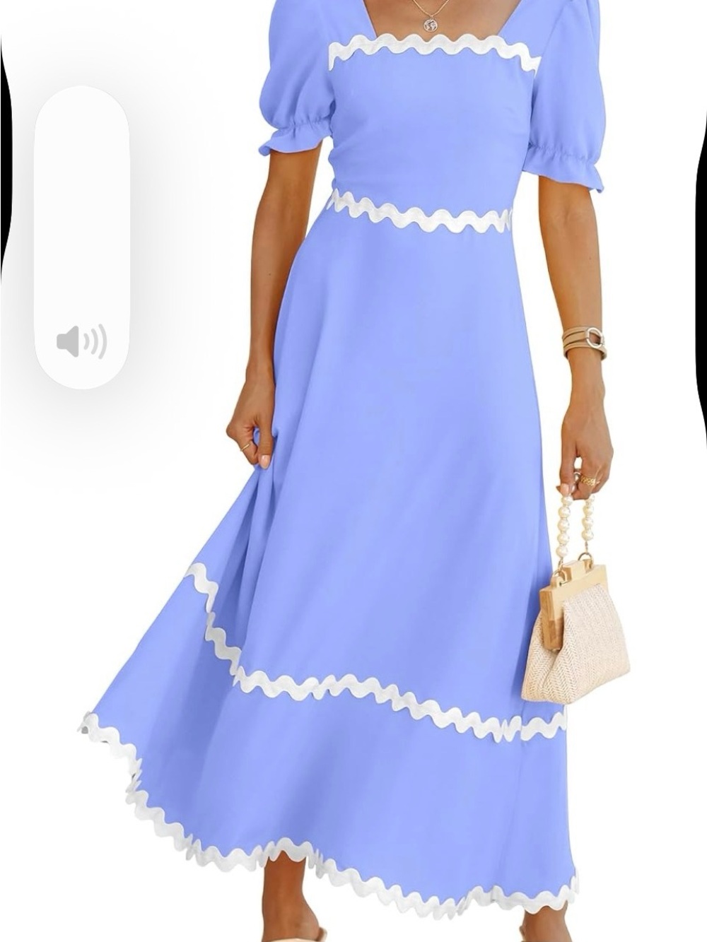 Light Blue Puff-Sleeve Maxi Dress with White Rickrack Accents